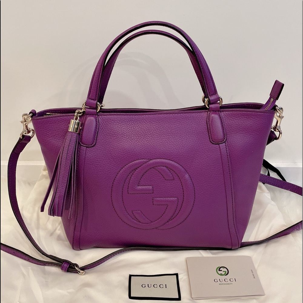 GUCCI 369176 Pebbled Leather Soho Crossbody Tote Bag Purple